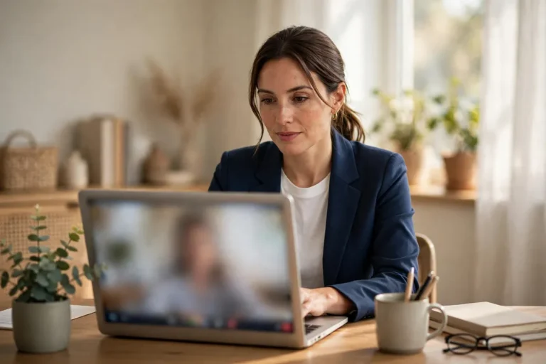 A professional woman on a video call at her home office desk.