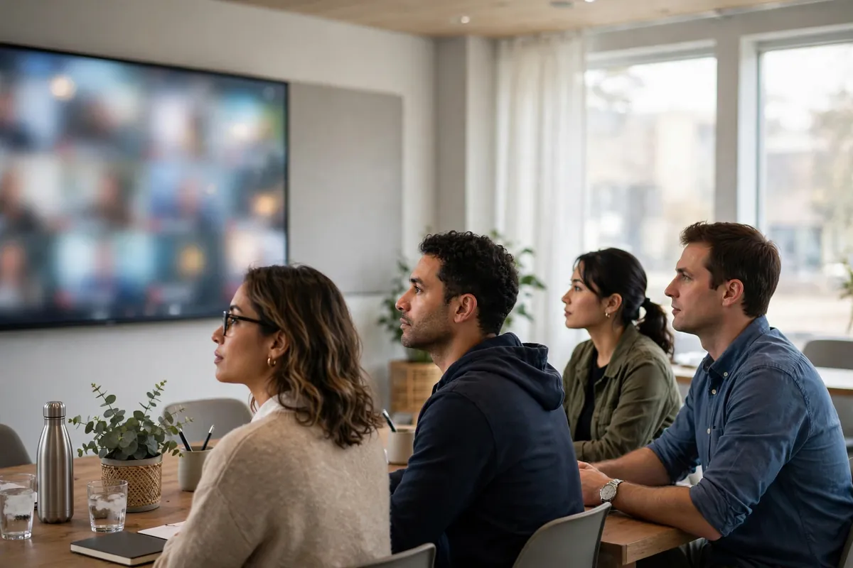 A small team in a meeting room watching a video call on a large screen.